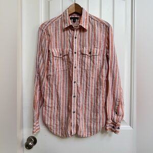 Banana Republic 100% Linen Orange/Red/Tan Striped Long Sleeve Shirt.  M15-15 1/2